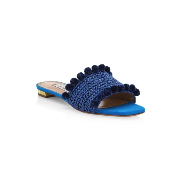 Aquazzura Woven Pom Pom Slide Sandal (Size 38)