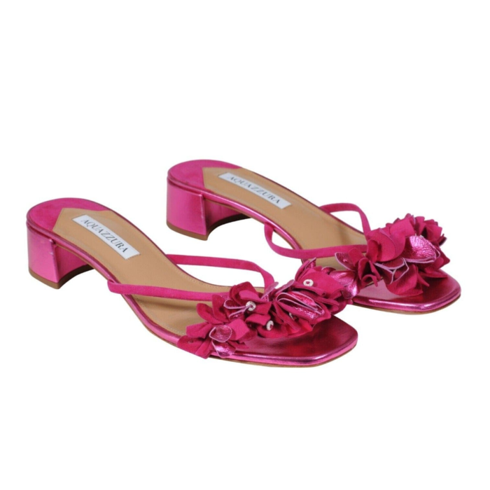 Aquazzura Bougainvillea Metallic Pink Leather Mules (Size 38.5)