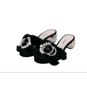 Miu Miu Crystal Embellished Satin & Rabbit Fur Slide Mules (Size 40)
