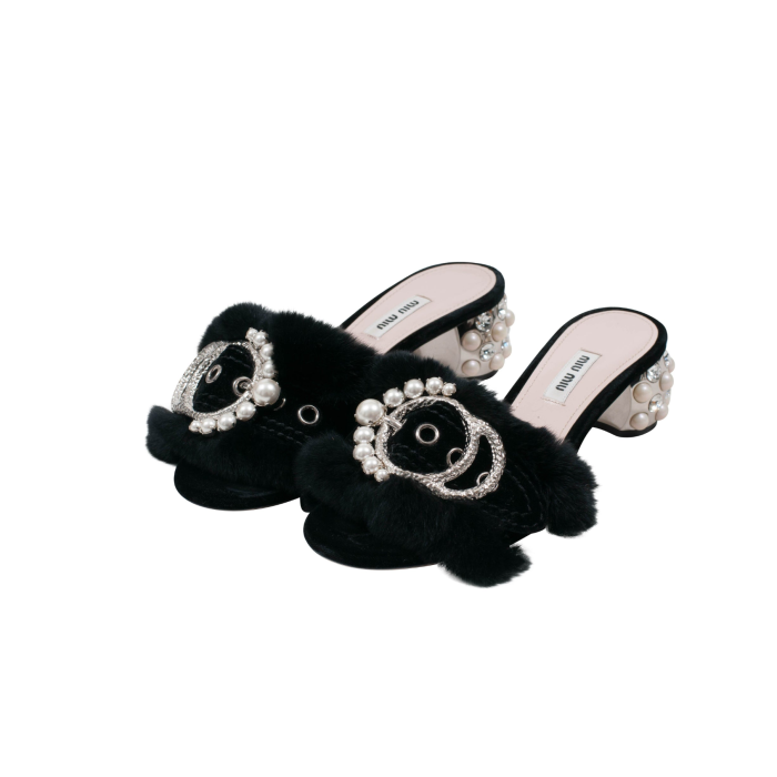 Miu Miu Crystal Embellished Satin & Rabbit Fur Slide Mules (Size 40)